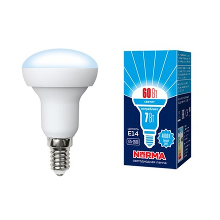 LED-R50-7W-NW-E14-FR-NR Лампа светодиодная. Форма Рефлектор. матовая. Серия Norma. Белый свет 4000K. Картон. ТМ Volpe
