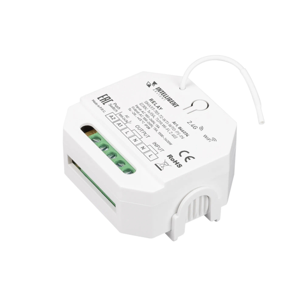 INTELLIGENT ARLIGHT Релейный модуль SMART-701-72-WTI-WTO-PS-IN  (230V, 1x15A, TUYA Wi-Fi, 2.4G) (IARL, IP20 Пластик, 5 лет) 046074