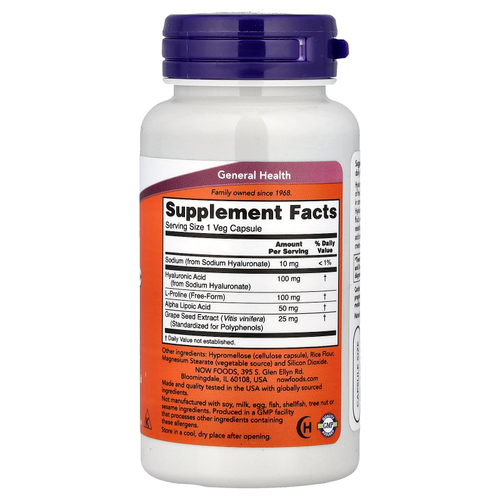 NOW Foods, гиалуроновая кислота с L-пролином, альфа-липоевой кислотой и экстрактом виноградных косточек, 100 мг, 60 растительных капсул