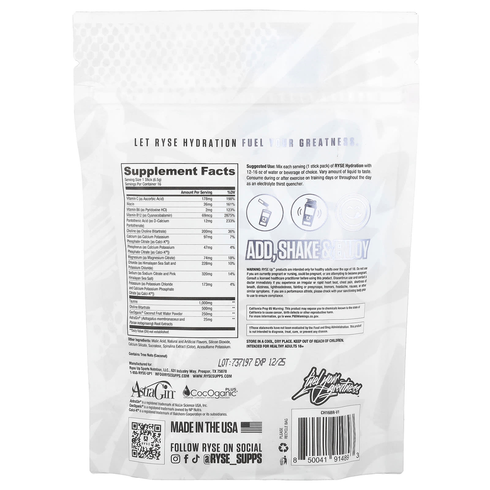 RYSE, Hydration, электролитная смесь для приготовления на вынос, голубая малина, 16 стиков по 6,5 г (0,23 унции)
