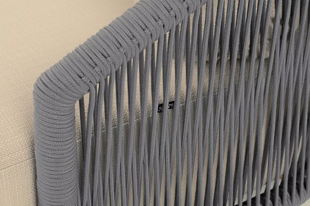 "Верона" диван 3-местный плетеный из роупа, каркас алюминий светло-серый (RAL7035) муар, роуп светло-серый круглый, ткань Mossle светло-бежевая