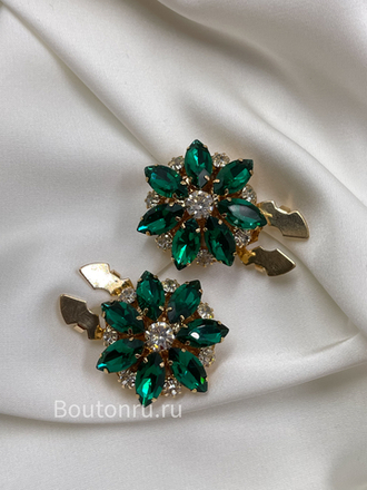 Накладка на пуговицу в форме цветка золотистые с зелеными стразами (клипсы)