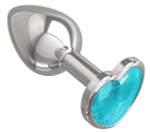 Серебристая анальная втулка с голубым кристаллом-сердцем - 7 см.