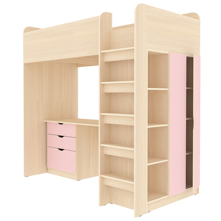 Кровать-чердак КарИВи Polini Simple с письменным столом и Шкаф КарИВиом  Дуб Молочный Розовый