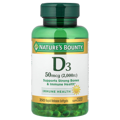 Nature's Bounty, витамин D3, 50 мкг (2000 МЕ), 350 капсул быстрого высвобождения