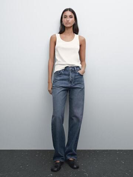 Massimo Dutti Джинсы прямого кроя из смесового хлопка с высокой посадкой, средний синий