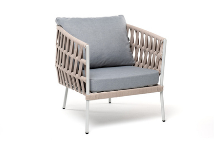 "Диего" кресло плетеное из роупа, каркас алюминий светло-серый (RAL7035) муар, роуп бежевый круглый, ткань светло-серая