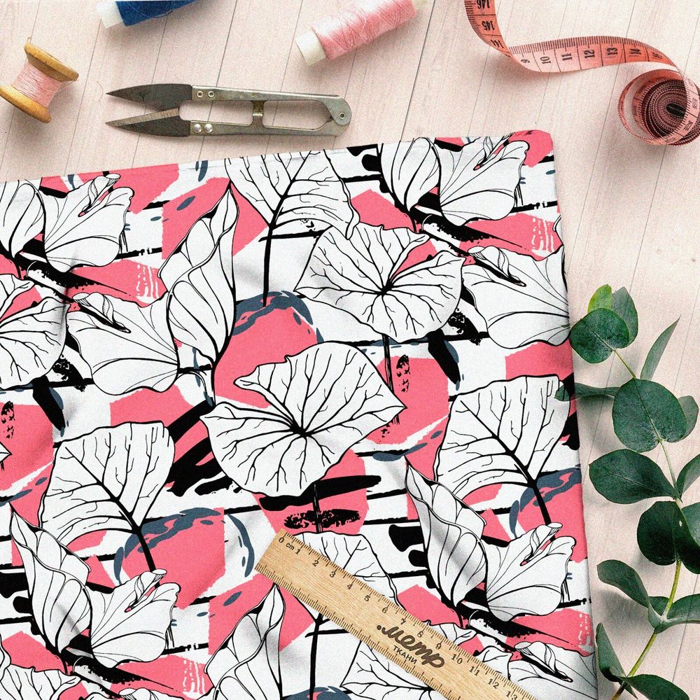 Ткань поплин широкие листья яркие