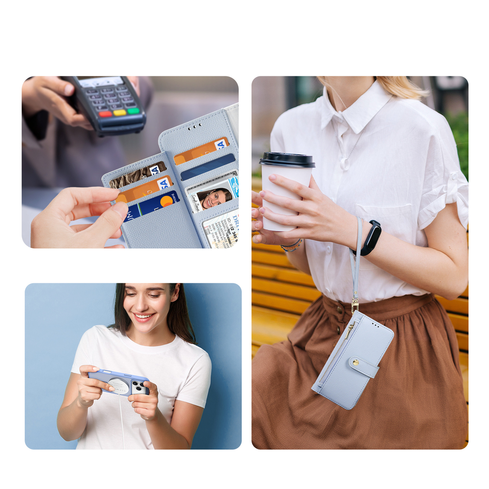 Чехол кошелек из кожи светло-синего цвета (Light Blue) для iPhone 17 Pro Max, Dux Ducis, серия Lawa Series