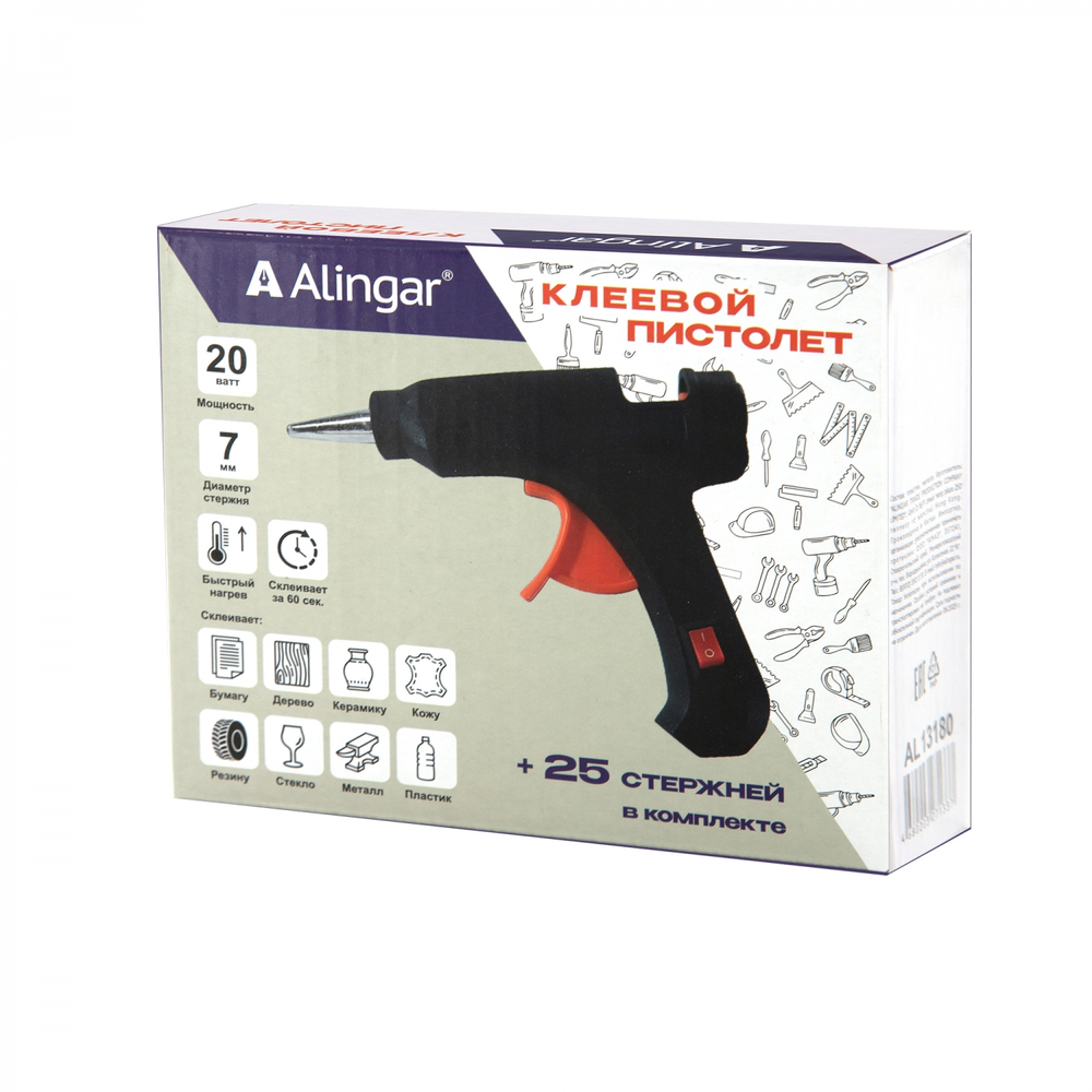 Клеевой пистолет Alingar, 20 Вт,черный, 25 стержней в комплекте, пластиковый корпус, метал.подставка, кнопка питания, индикатор сети