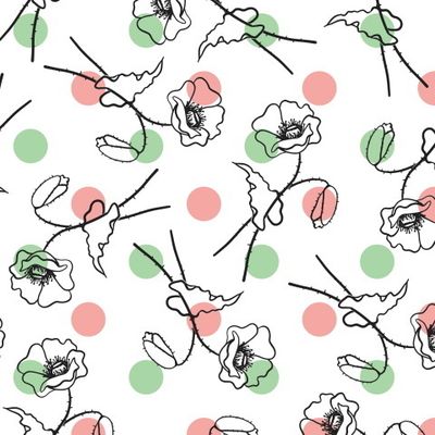 Паттерн на белом фоне, горошки и маки.