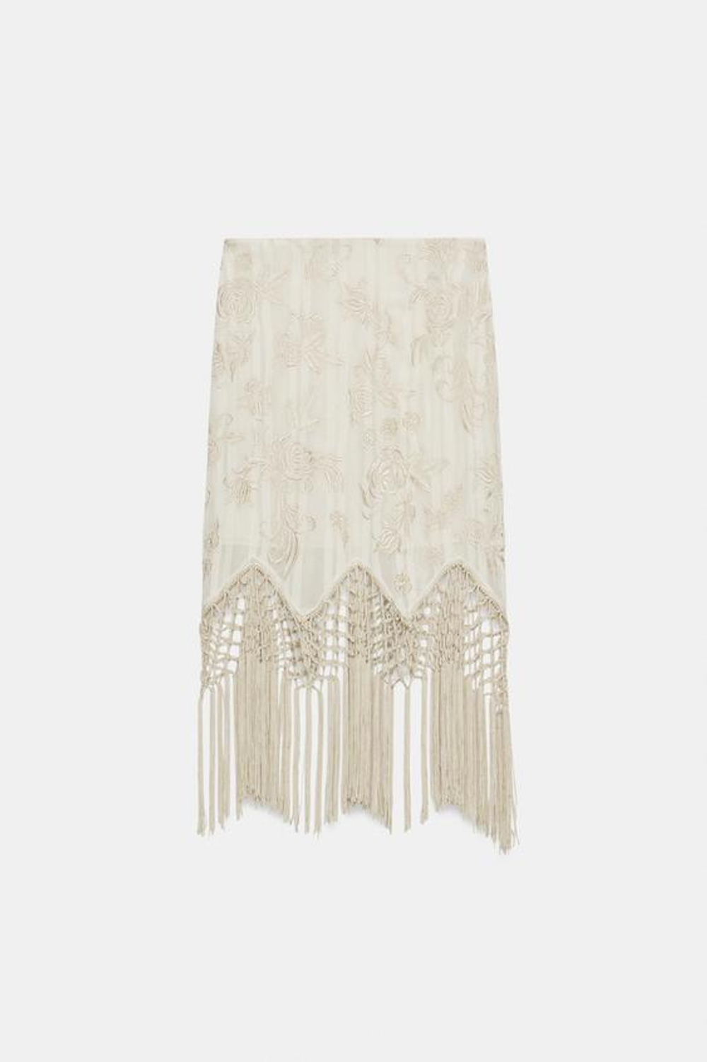 ZARA ЮБКА С ВЫШИВКОЙ И БАХРОМОЙ — ZW COLLECTION, ЭКРЮ