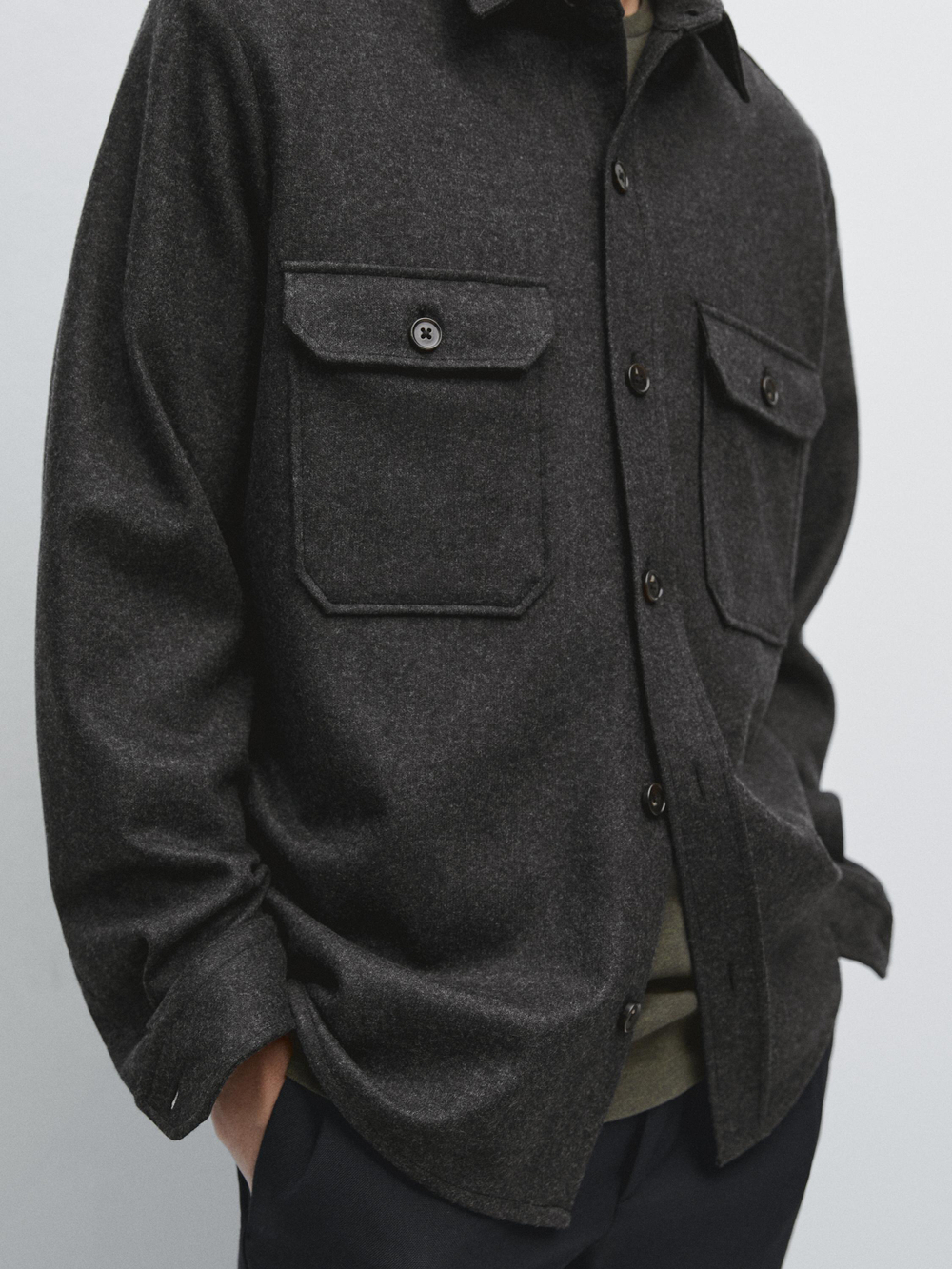 Massimo Dutti Куртка-рубашка из 100% шерсти с карманами, серый