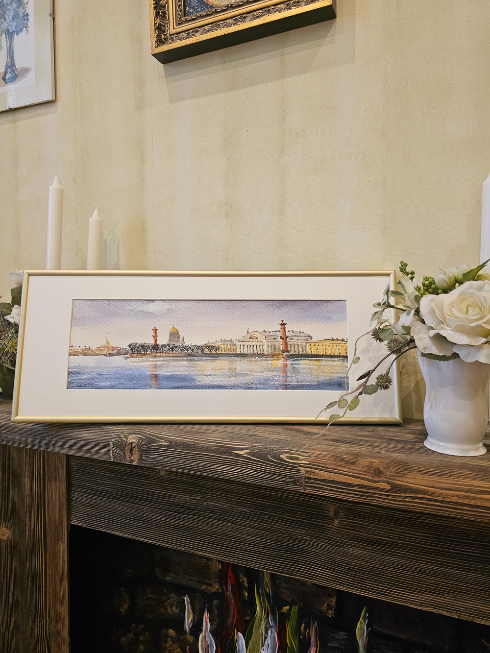 Картина авторская акварельная в раме 20х50 см на стену для интерьера "Весна на Ваське"