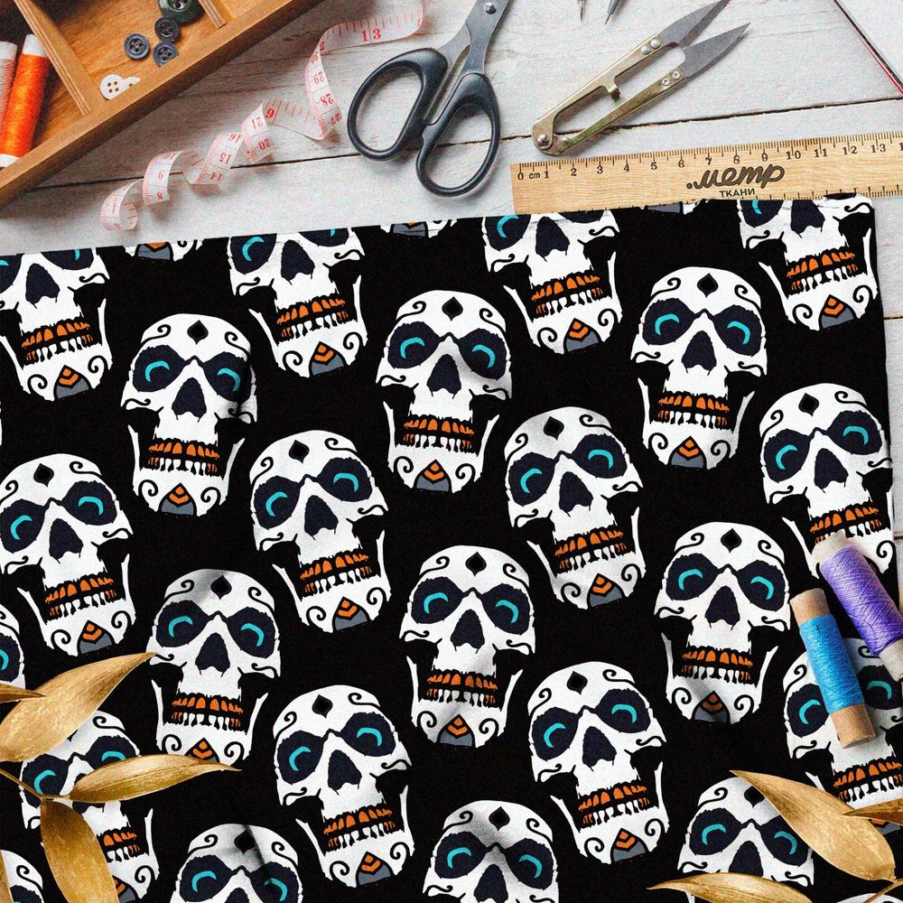 Ткань оксфорд 210 сахарные черепа на чёрном фоне