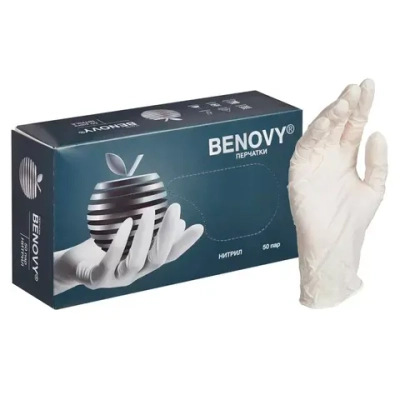 Перчатки нитриловые смотровые нестерильные неопудренные текстурированные на пальцах Benovy размер M белые 50 пар