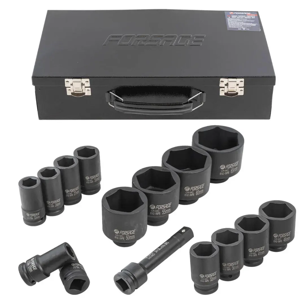 Набор головок ударных глубоких 3/4''14пр.(6гр.)(17,19,22,24,27,30,32,36,41,46,50,55,60,65мм)в метал. кейсе Forsage F-6142-5MPB