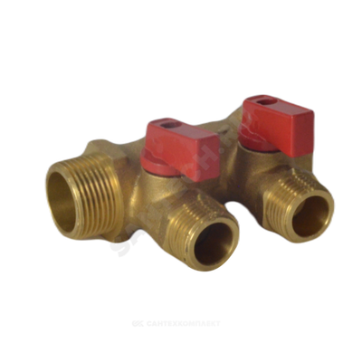 Коллектор латунь 3/4" ВР/НР на 4 вых 1/2" НР м/о 35мм с шаровыми кранами, красные ручки 9026 Aquasfera 9026-03