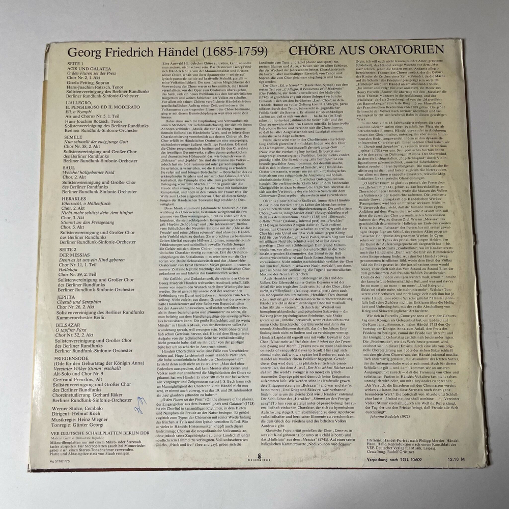 Винтажная виниловая пластинка LP Georg Friedrich Handel Георг Фридрих Гендель Chore Aus Oratorien (ГДР 1975)