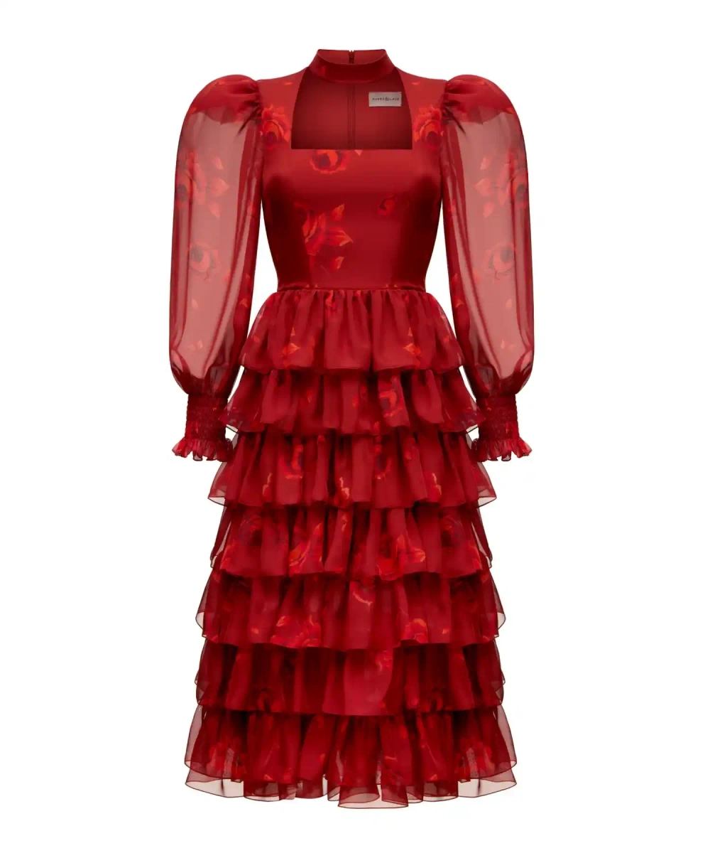 Valerie midi, платье миди из бордового шифона с крупными красными цветами