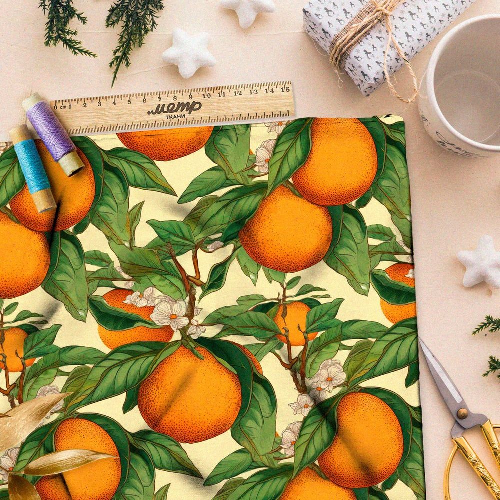 Ткань премиум Оксфорд 600D оранжевые плоды в цветах