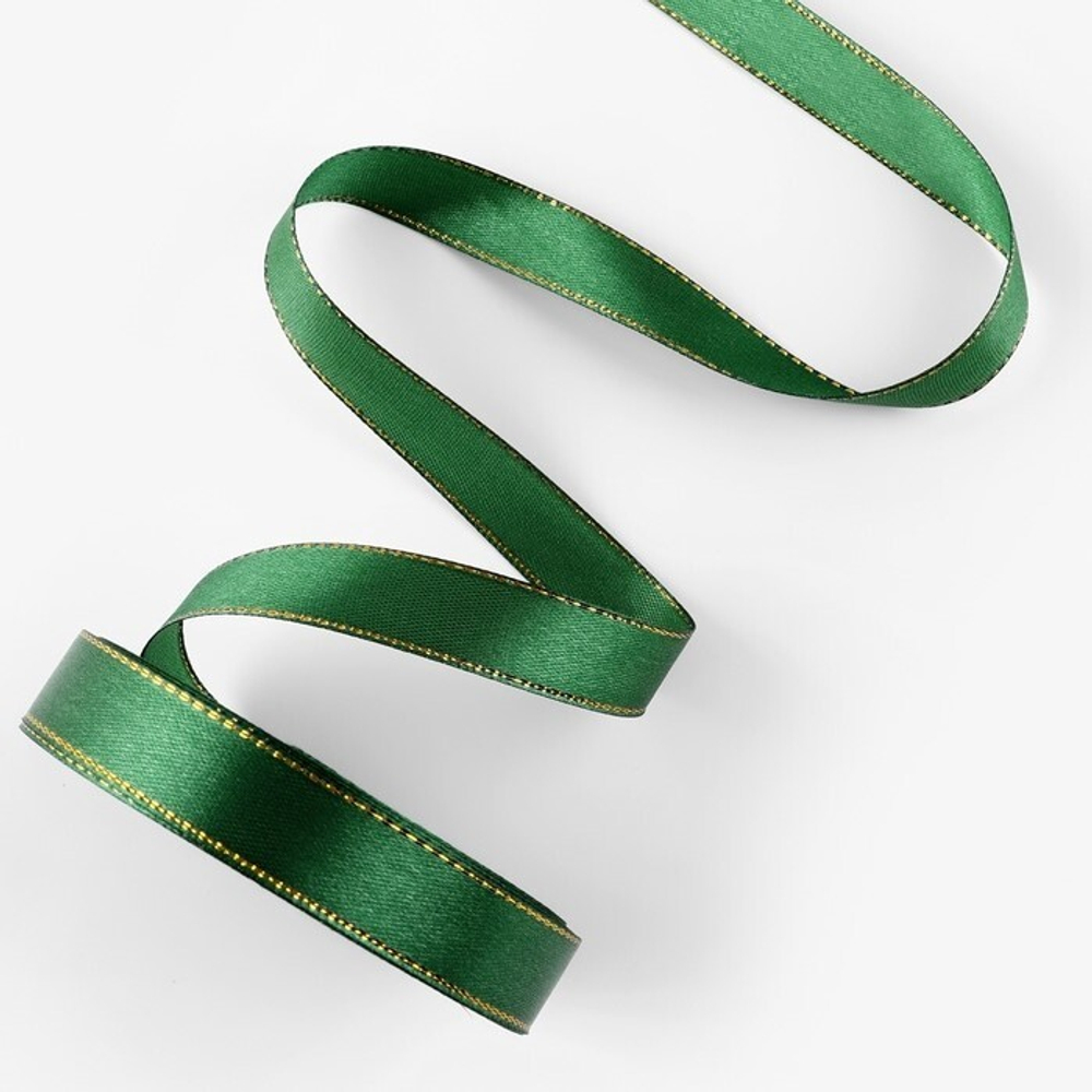 Лента атласная 15 мм Зеленая с золотым люрексом №049 (22м)
