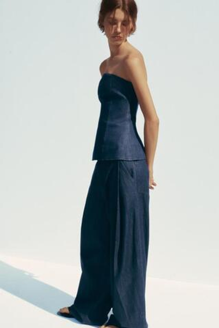ZARA ДЖИНСОВЫЕ БРЮКИ TRF С ЗАЩИПАМИ, ТЕМНЫЙ ИНДИГО