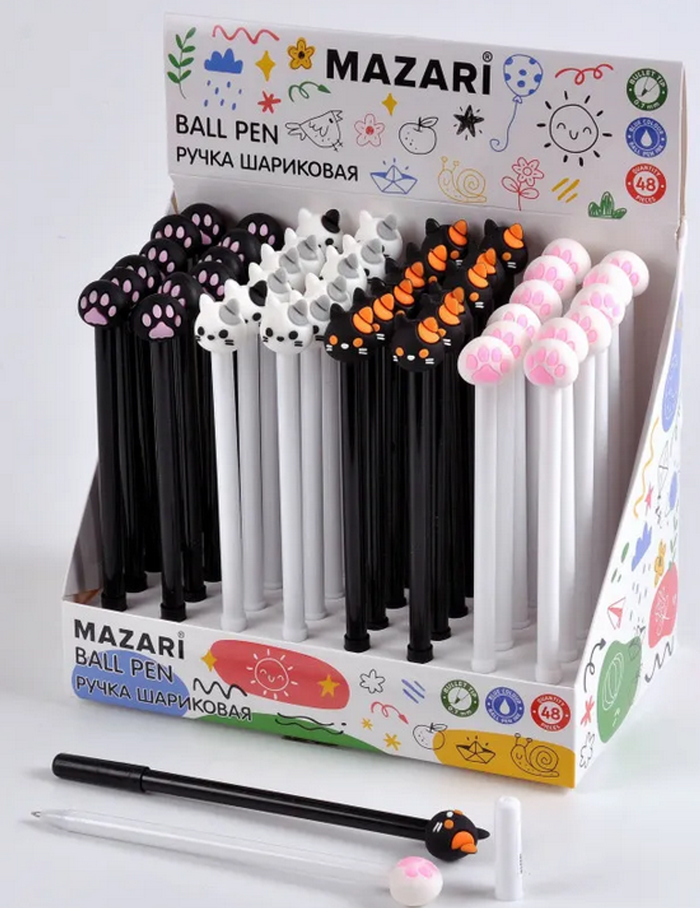 Ручка шарик. 0.7мм. "Коты-лапки" синяя, смен.стержень 125мм, цветн.корп, 2 диз. в ассорт. (Mazari)