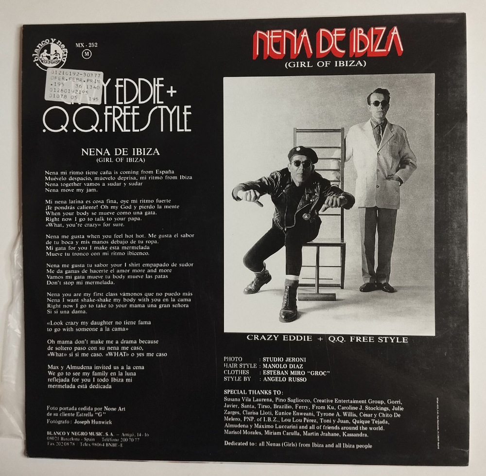 Винтажная виниловая пластинка LP Crazy Eddie Q.Q. Freestyle Nena De Ibiza (Girl Of Ibiza) (Spain 1990)