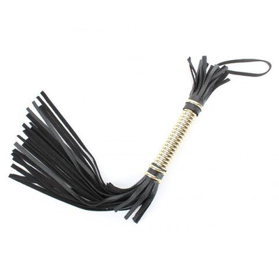 Чёрная кожаная плетка с золотистой рукоятью - 45 см. (Цвет: черный с золотистым)