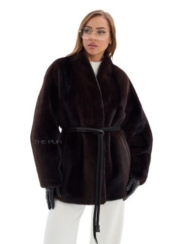 Темно-шоколадная шуба из эко-меха с поясом