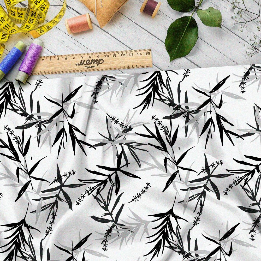 Ткань муслин тонкая китайская листва на белом фоне