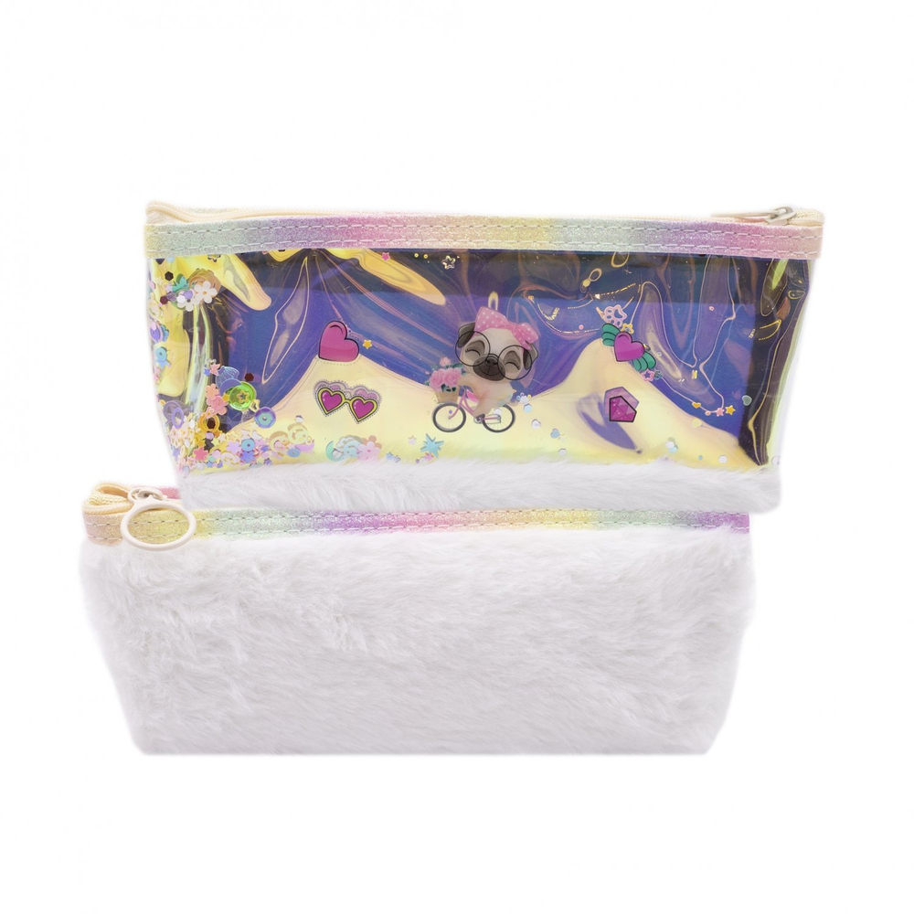 Пенал - косметичка Alingar, мех/голографика, молния, 90х200мм, "Щенки", ассорти (собачки)