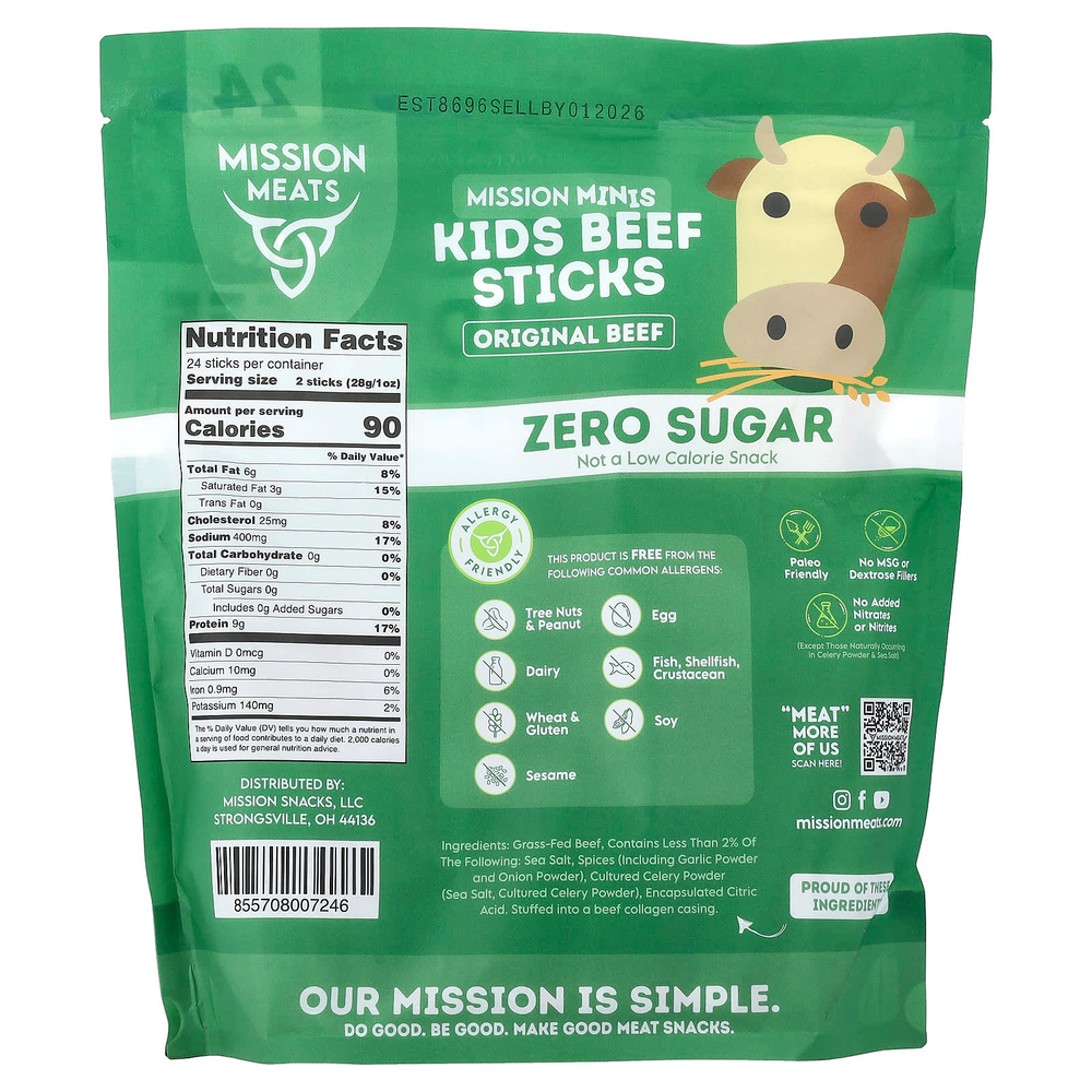 Mission Meats, миссии Минис, детские говяжьи палочки, оригинальная говядина, 24 палочки по 0,5 унции