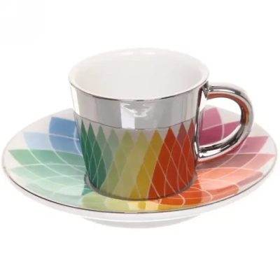 Кофейная пара (зеркальная кружка 90мл+блюдце) анаморфный дизайн «Радуга»