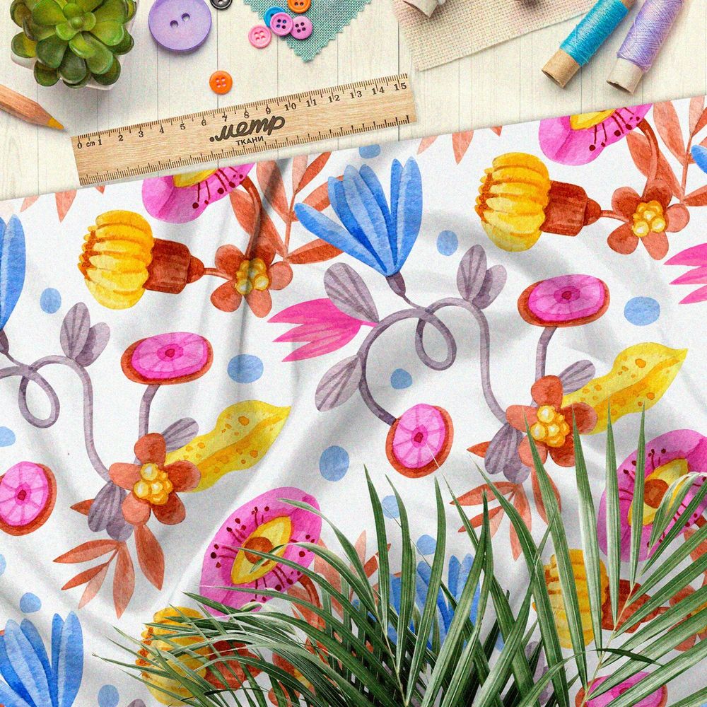 Ткань ниагара абстрактные яркие цветы и глаза на белом фоне