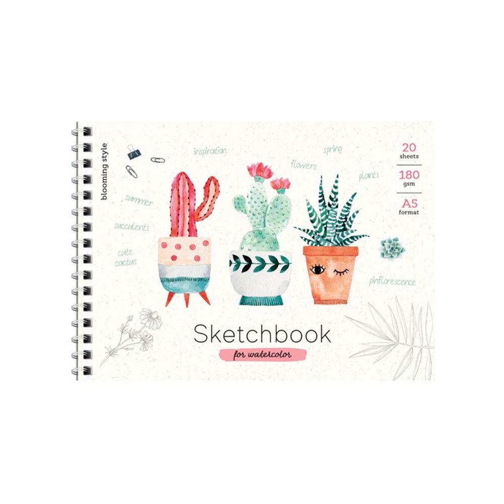 Скетчбук А5, 20л, на гребне, пл. 180гр, белая бумага, Спейс Cute plants