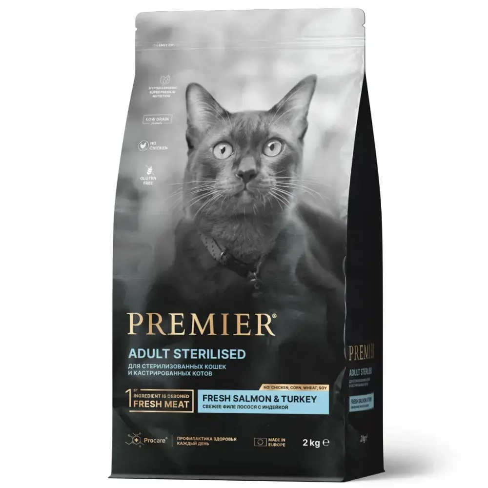 Premier cat salmon & turkey sterilised сухой корм для взрослых стерилизованных кошек, свежее филе лосося с индейкой - 2 кг