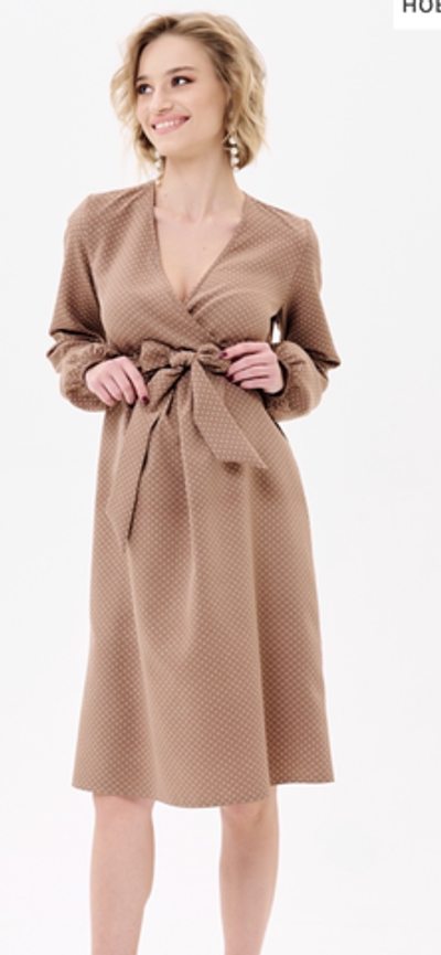 Платье с длинным рукавом бежевое в горошек для беременных и кормящих, 44 размер