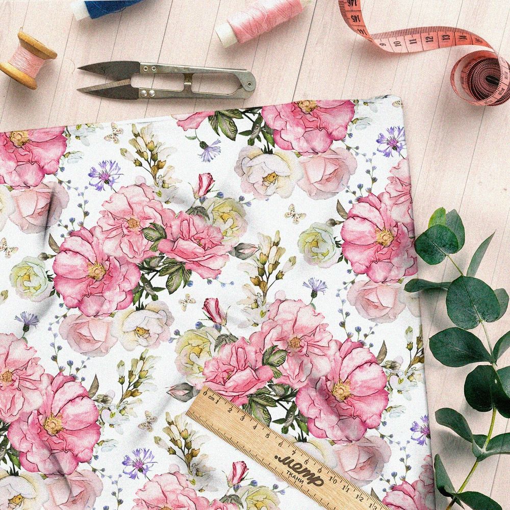 Ткань атлас ботанический весенний принт