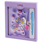 Блокнот в футляре, 19 см * 12,5 см, гребень, Alingar, ламин, конгрев, эффект 3D, ручка, замочек, клетка, 45 л., "Милый единорог", сиреневый