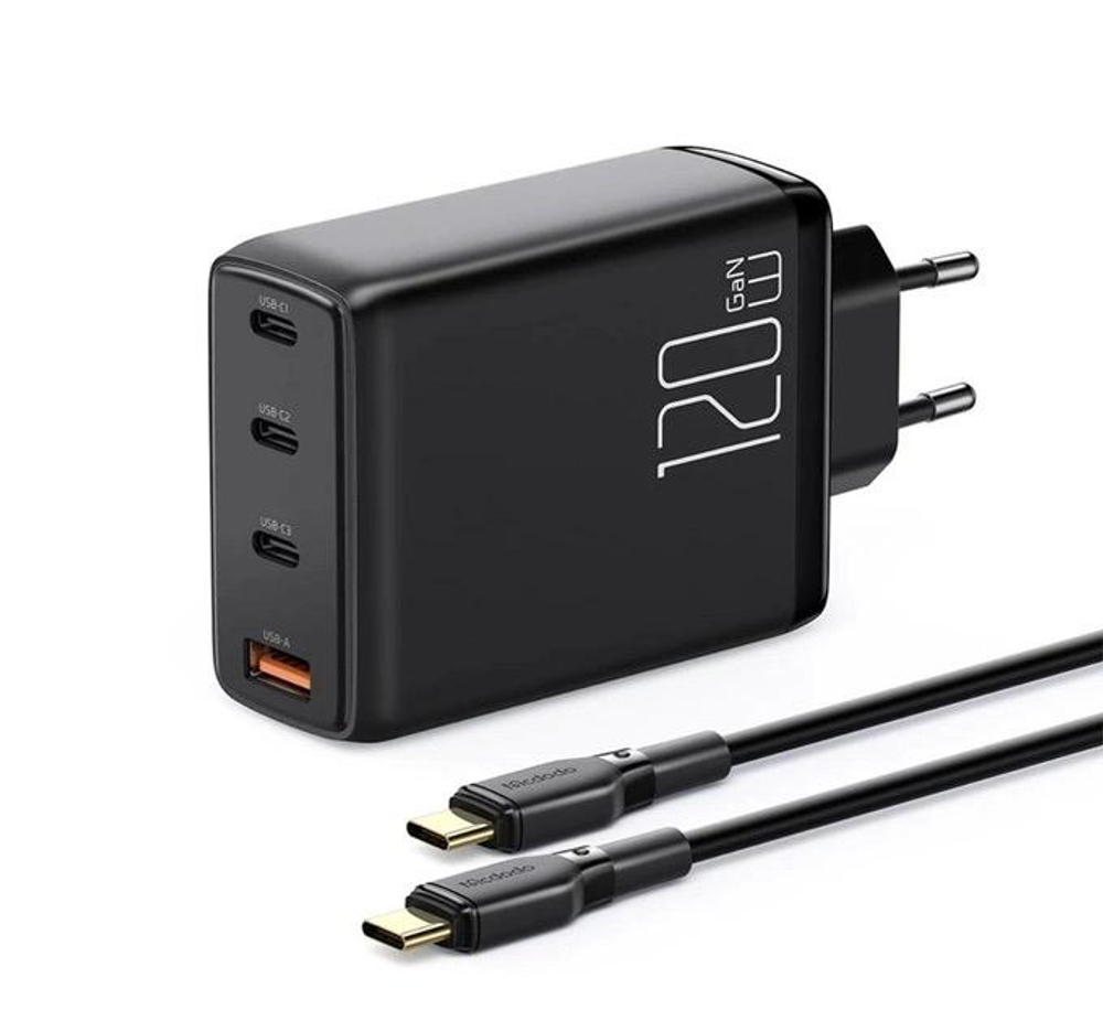 Сетевое зарядное устройство Mcdodo мощностью 120 Вт (3 USB-C, USB-A) (GaN) и кабель USB-C (2 м) (CH-0771) Многопортовый мощный адаптер питания. Есть поддержка PD 3.0 и QC 3.0