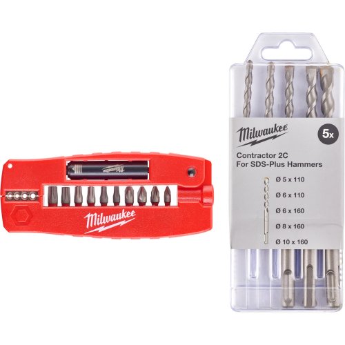 Набор Milwaukee: Набор бит SHOCKWAVE "Крокодил №2" 12шт+Набор буров Contractor SDS+ 5шт