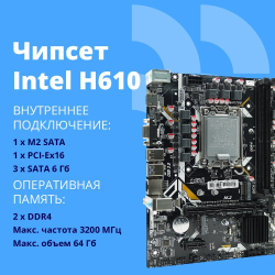 Материнская плата CBR H610M ( Chipset H610, Socket 1700, 2*DDR4, mATX, VGA+HDMI, 1*PCIEx16,2*PCIEx1,1*M.2(PCIe NVMe Gen3 x4 ), 3*SATA3, 2*USB2.0 + 2*USB3.0, LAN 1Gb)