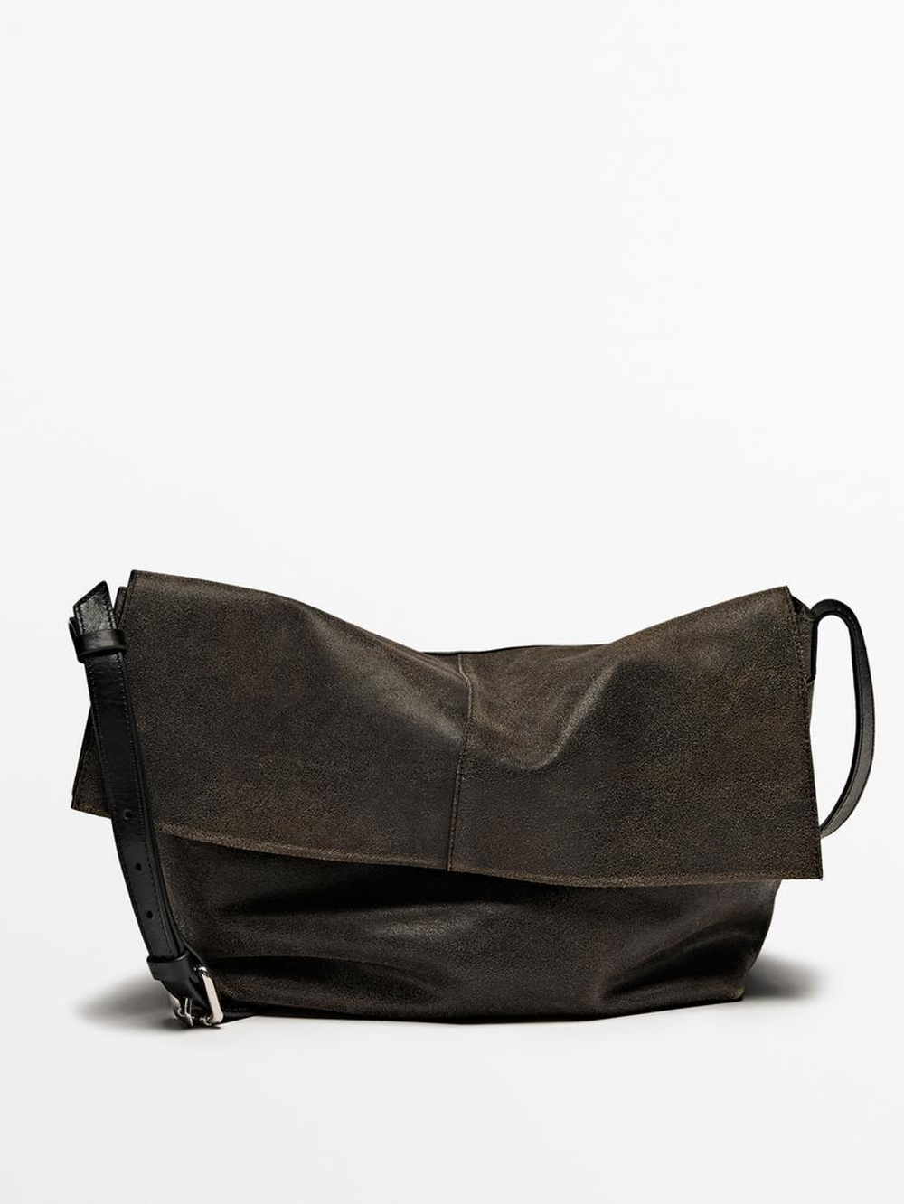 Massimo Dutti Сумка из кожи наппа с клапаном и эффектом потертости, черный