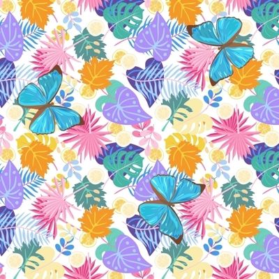 Голубые бабочки и разноцветные тропические листья