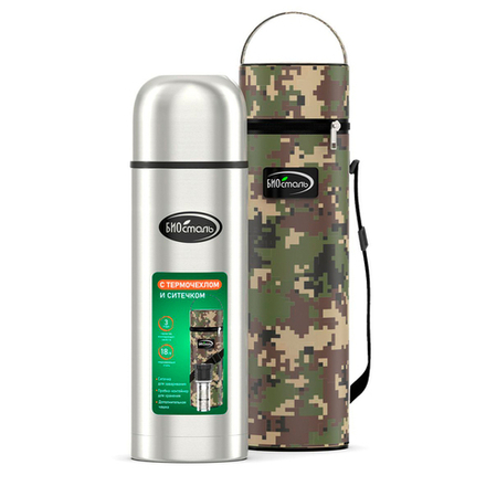 Термос Biostal в чехле с ситечком и двумя чашками (1 литр), стальной