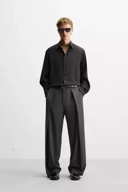 ZARA БРЮКИ WIDE-LEG СО СКЛАДКАМИ, СЕРЫЙ