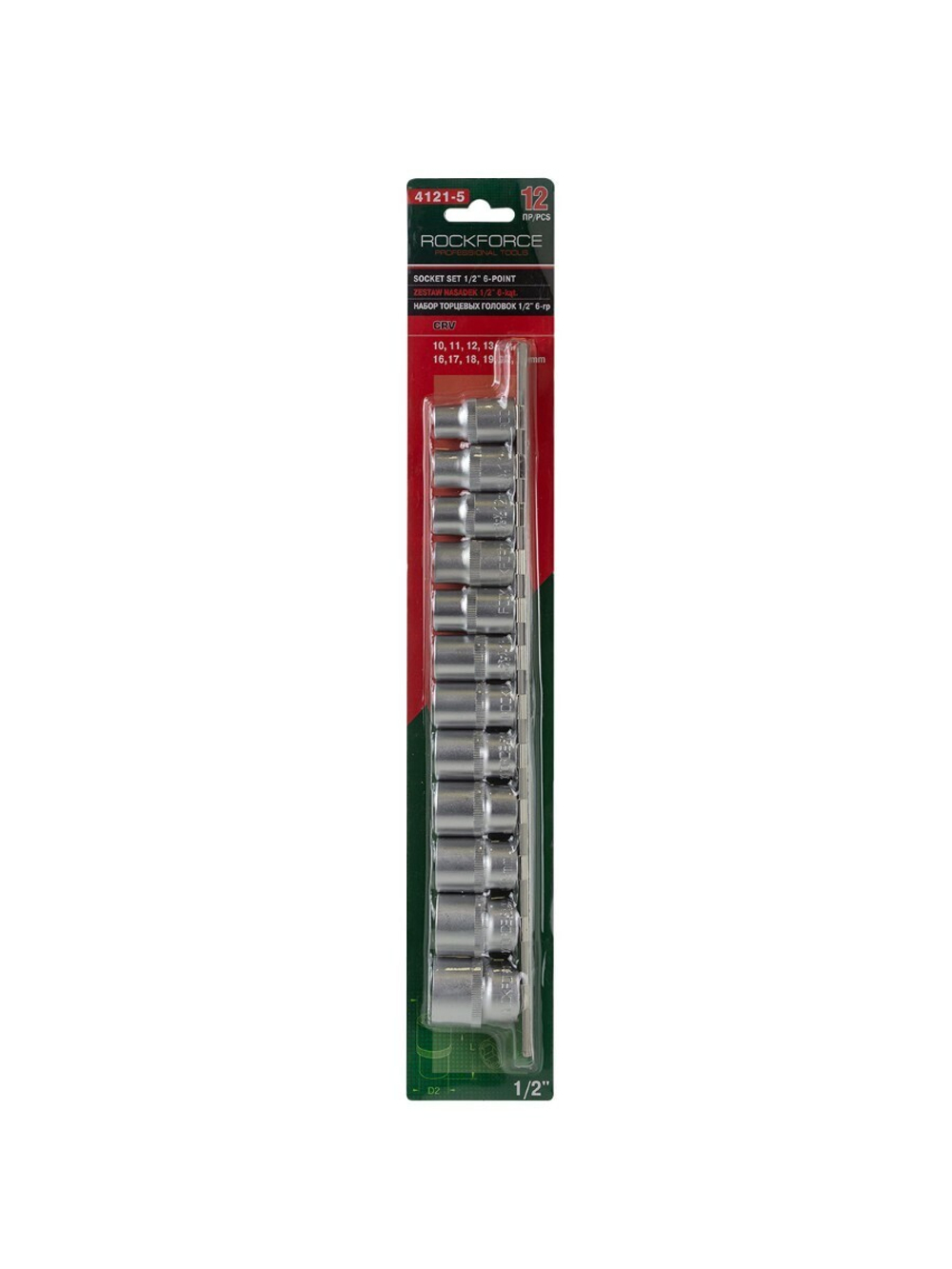 Набор головок 12пр. 1/2''6гр.(10-19,22,24мм), на планке RockForce##Rock FORCE RF-4121-5