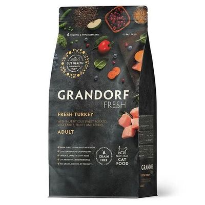 Беззерновой корм с живыми пробиотиками GRANDORF Fresh Cat ADULT Turkey & Sweet Potato для кошек с мясом индейки и бататом, Пакет 2 кг